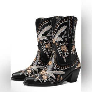 Embroidered Floral Women’s Western Booties Cowboy Boots Black Gold